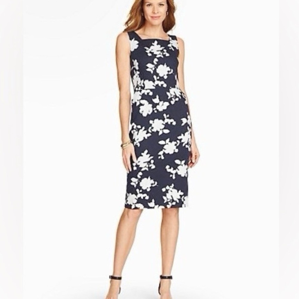 Talbots Navy Blue Floral Textured Cotton Sleeveless Sheath Dress Size 4